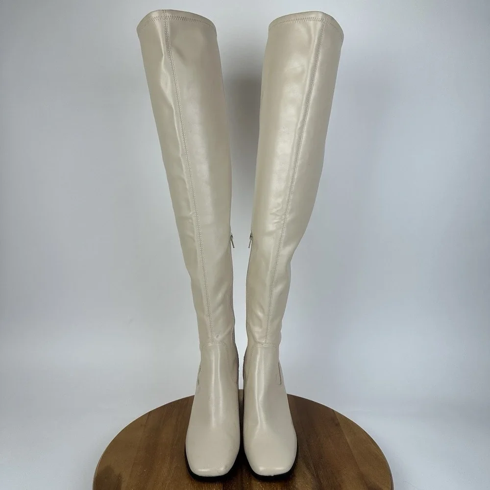 New Womens Open Edit Briar Cream Faux Leather Over The Knee Heeled Boots Size 9